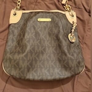 Michael Kors Brown Logo Shoulder Bag with Beige Trim and Gold Hardware